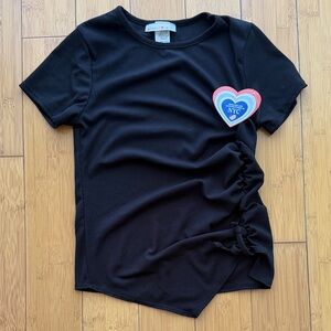 Black Ruched Side Short Sleeve Top with Heart Patch